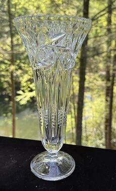 Vintage Trumpet Vase Lead Crystal Heavy Glass Etched 9.5” Star Of David A56